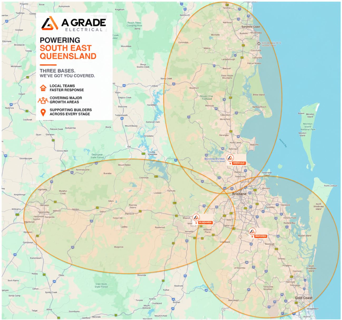 Map showing A Grade Electrical service coverage from the Brendale, Bundamba and Marsden bases across South East Queensland